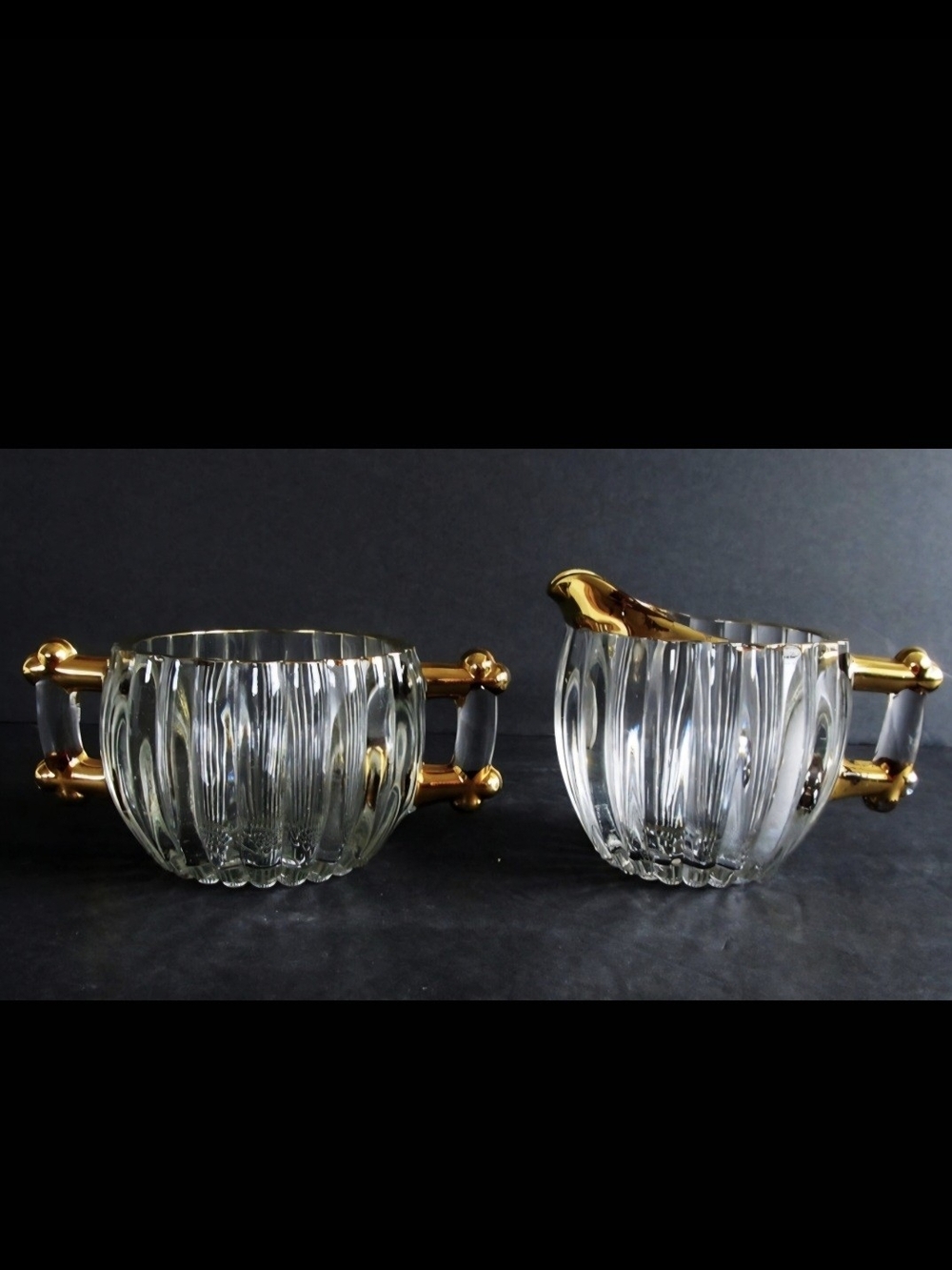 Vintage Clear Glass Creamer and Sugar Set with Gold Handles